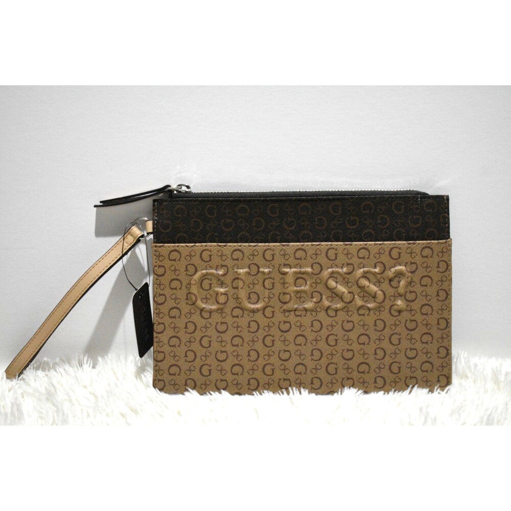 Guess Logo Wristlet Mocha Multi Brown Clutch Bag